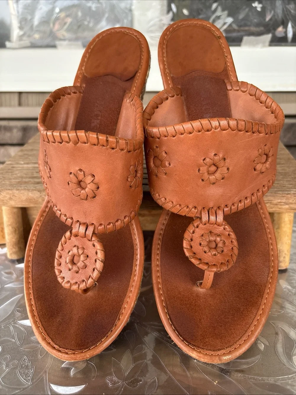 Jack Rogers Cognac Leather Wedge Thong Sandals Women’s 10